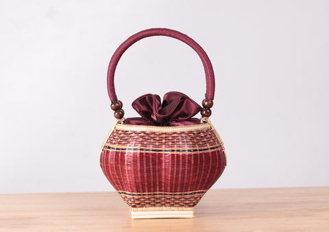 Mini Bamboo Wicker Round Handbag (Red)
