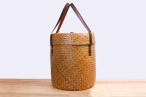 Woven sedge basket with lid